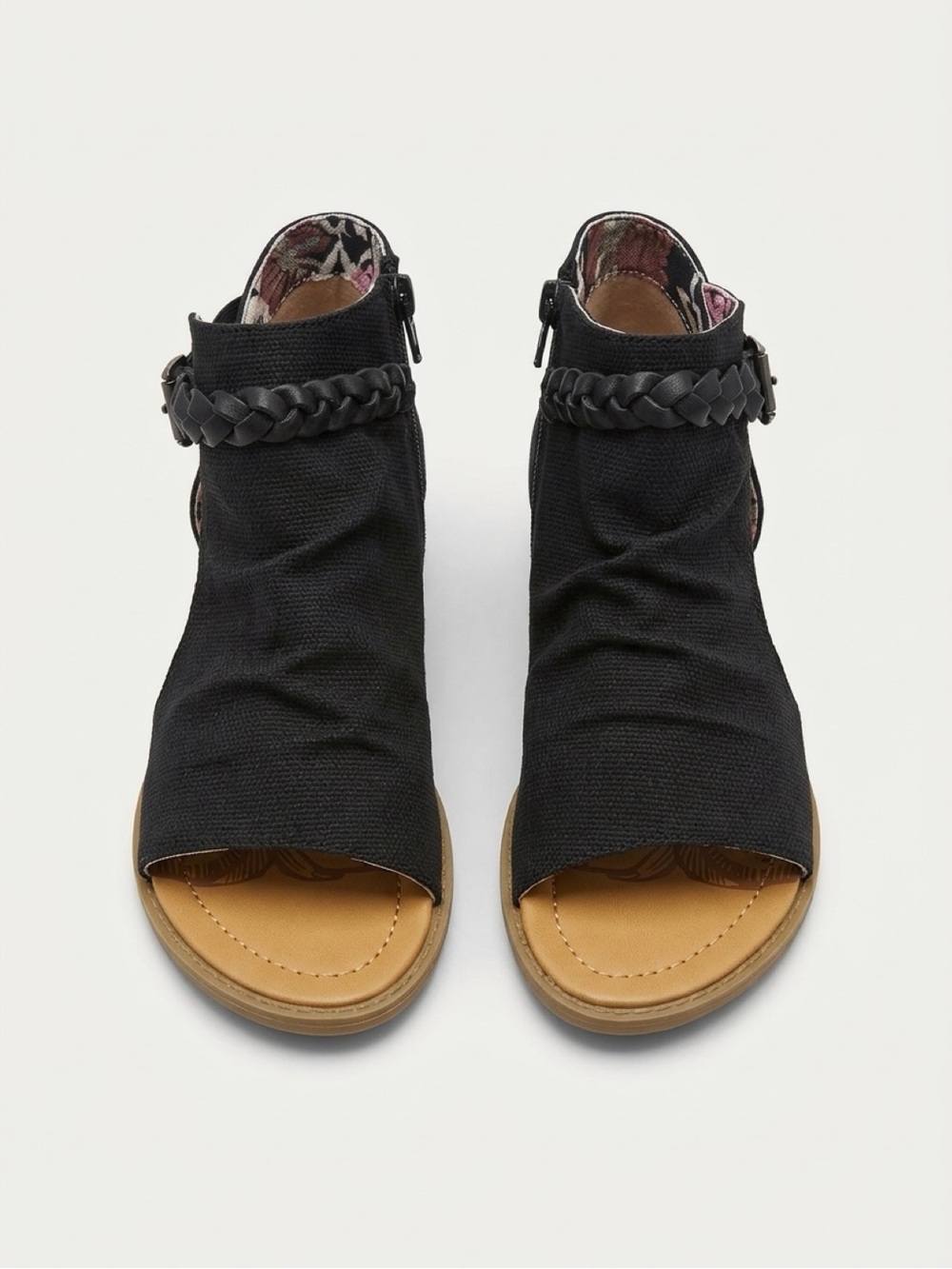 Blowfish Black Braided Peep-Toe Sandals with Tan Footbed SZ 7